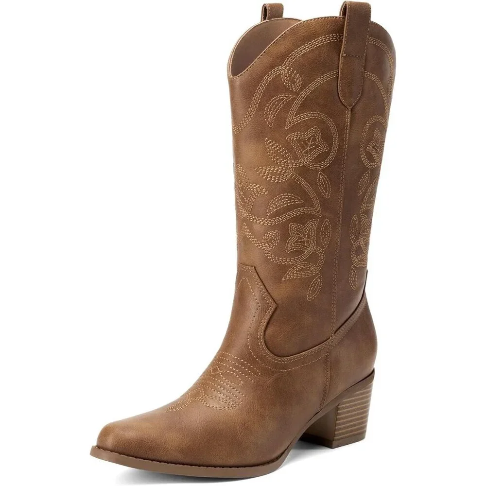 Dream Pairs Women's Tan Cowgirl Western Boot Fashion Embroidery Mid Calf Boots - Picture 1 of 6